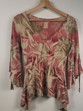 Y2k Orange USA Pink Tropical Handkerchief Hem Top Bell Sleeve Boho Blouse Small